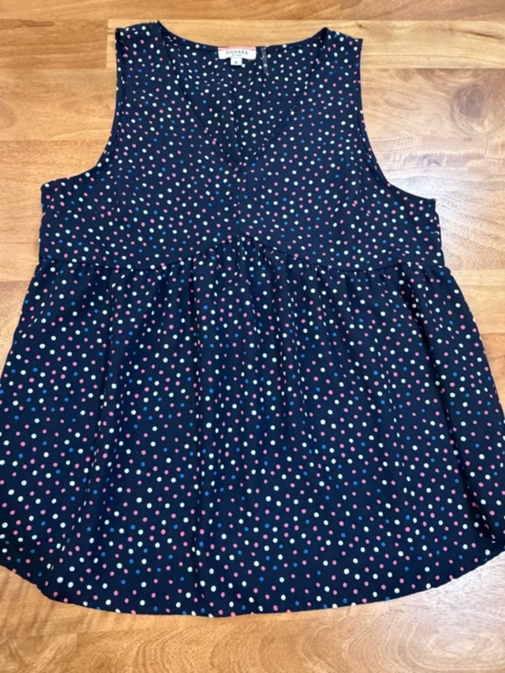 ANDREE BY UNIT Navy Polka Dot Sleeveless Peplum Top Size Medium